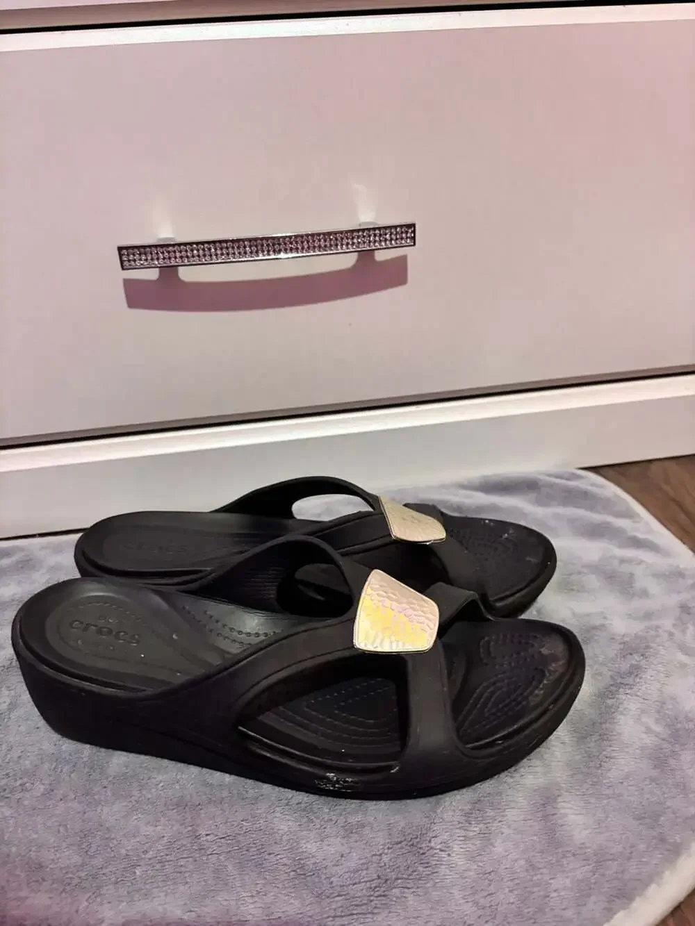Crocs Sanrah Embellished Wedge Sandal with Hammered Metallic Medallion